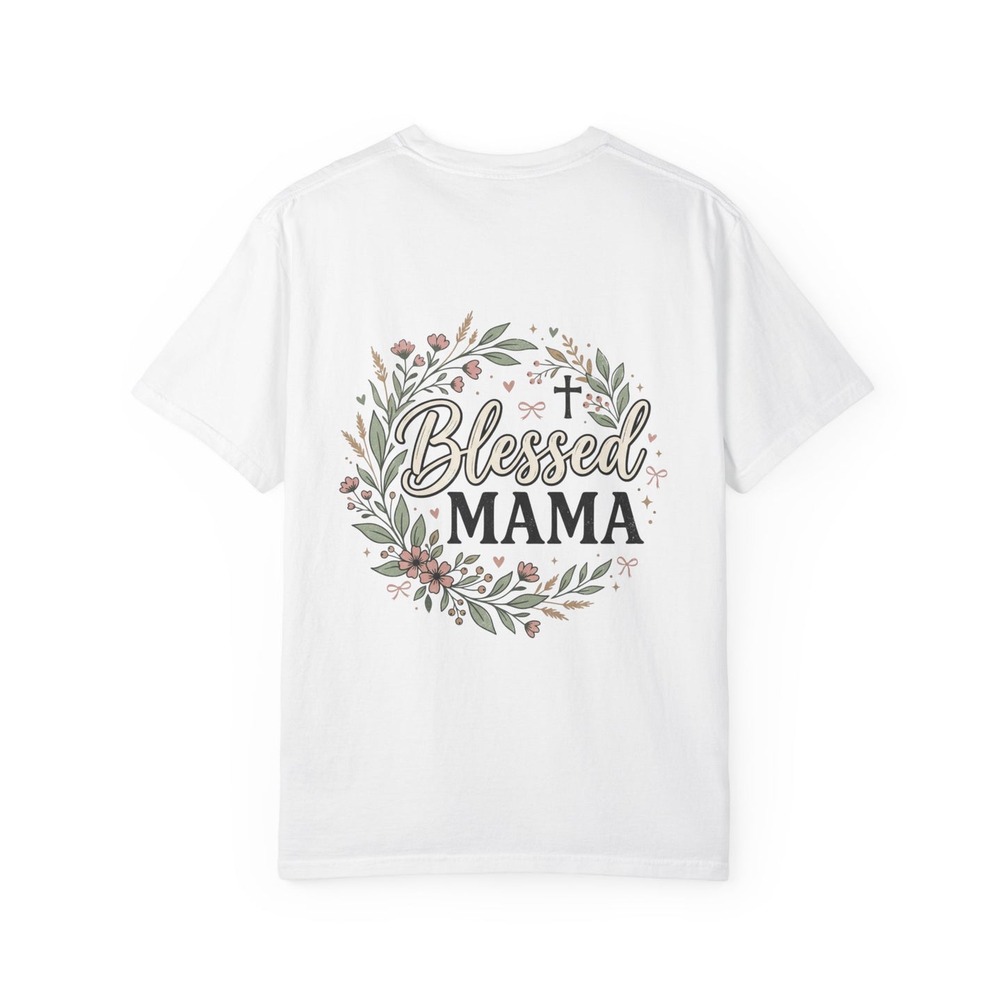 Blessed Mama T-Shirt — Floral Wreath 'Coffee Chaos & Jesus' Christian Mom Tee