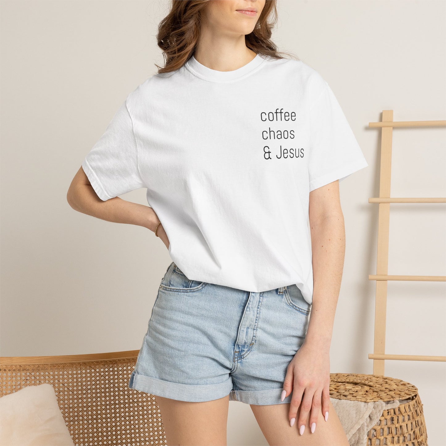 Blessed Mama T-Shirt — Floral Wreath 'Coffee Chaos & Jesus' Christian Mom Tee