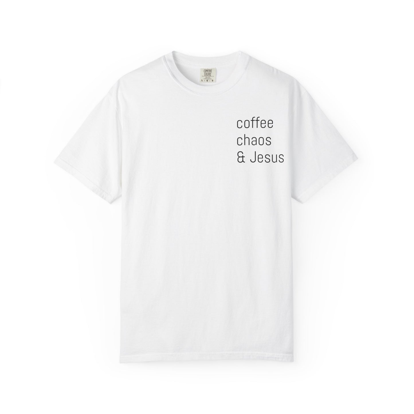Blessed Mama T-Shirt — Floral Wreath 'Coffee Chaos & Jesus' Christian Mom Tee